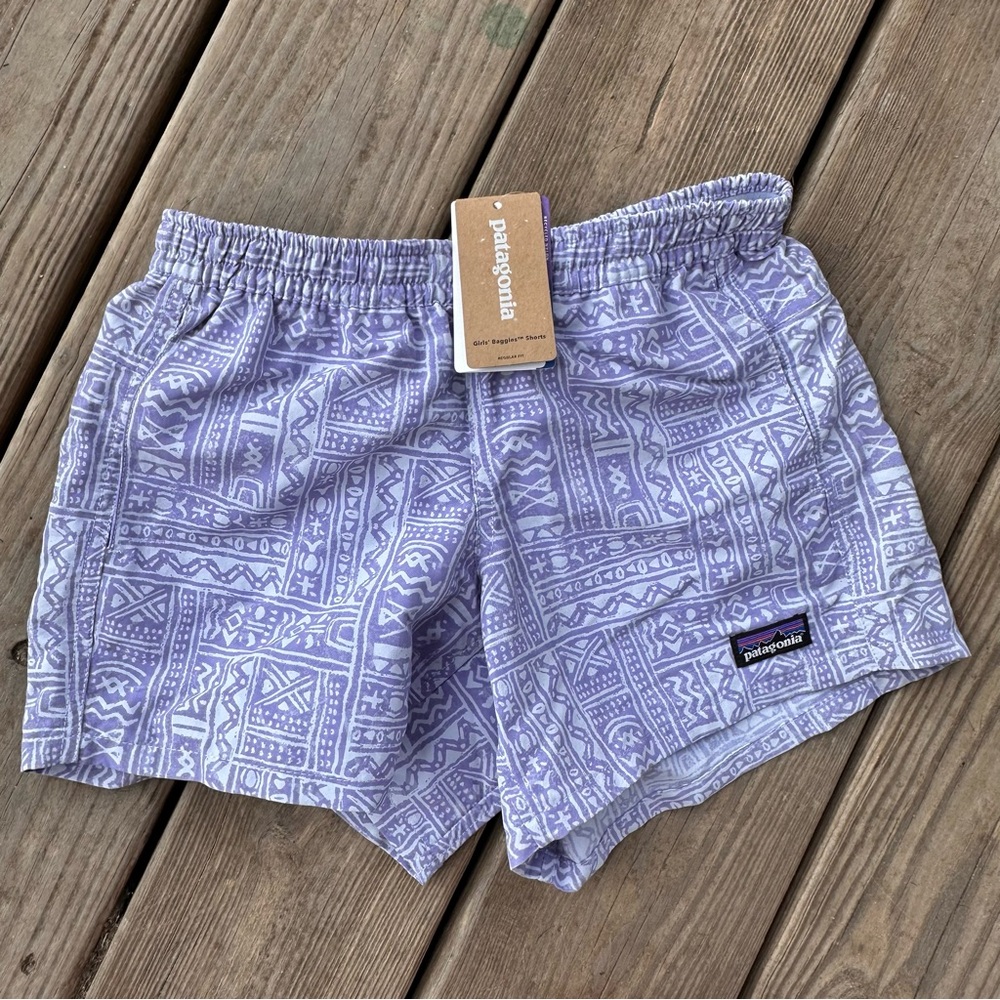Patagonia Girls' Baggies Shorts Mud Paint: Beluga Aztec Purple M 10 - Picture 2 of 8
